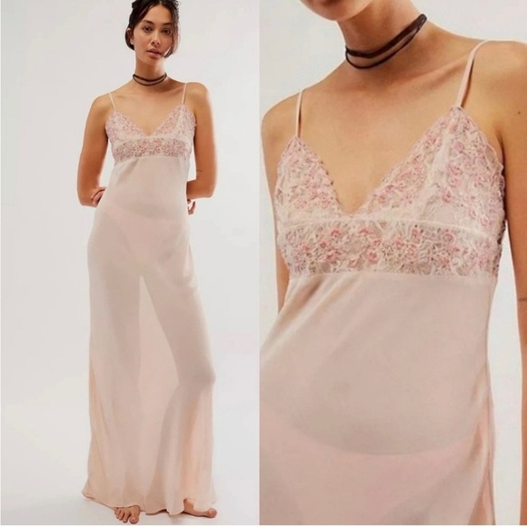 NWOT Free People Midnight Magic Maxi Slip Dress Size XS Pink Beaded - Picture 1 of 14